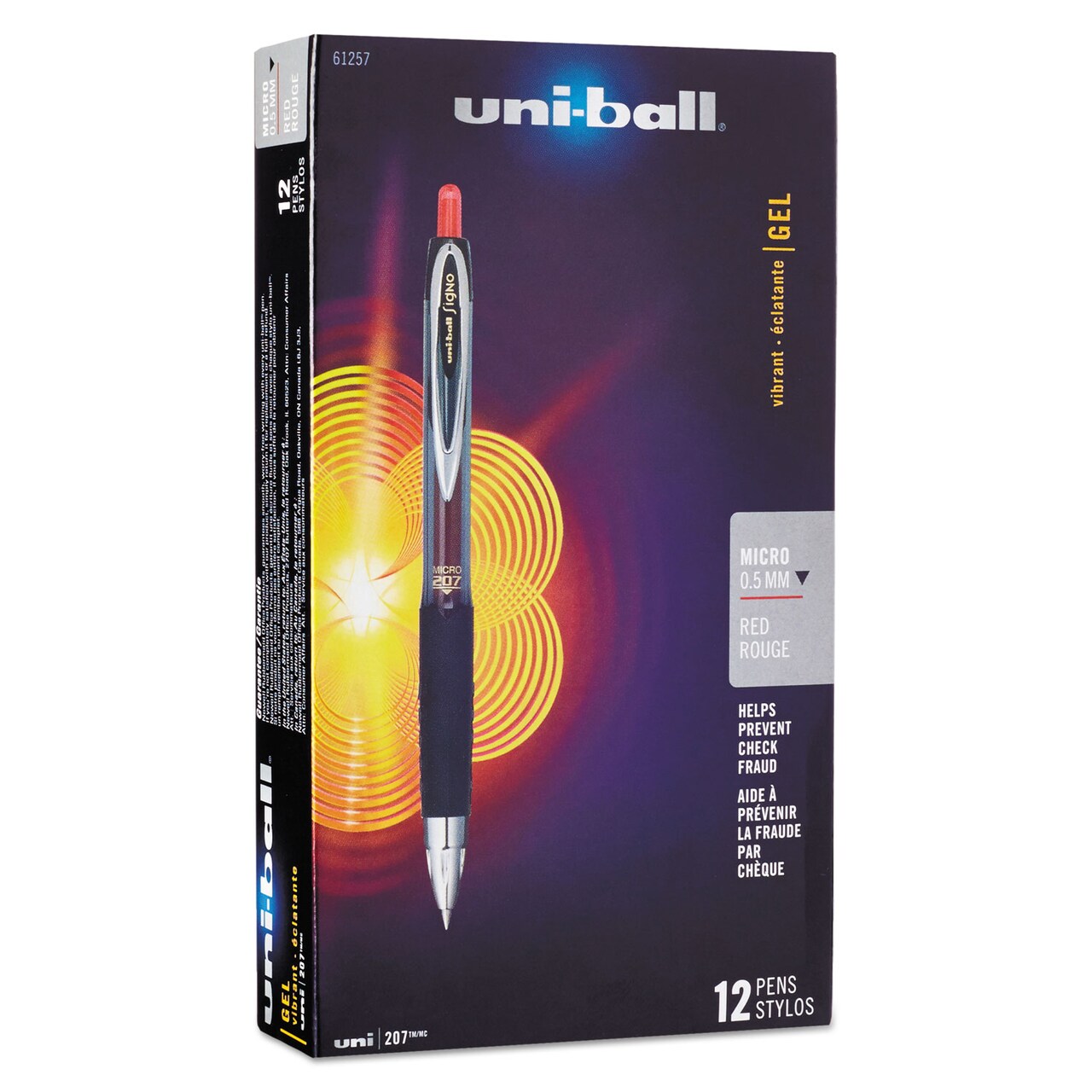 Uni-Ball Signo 207 Retractable Gel Pen, Micro 0.5mm, Red Ink, Smoke/Black/Red Barrel, Dozen